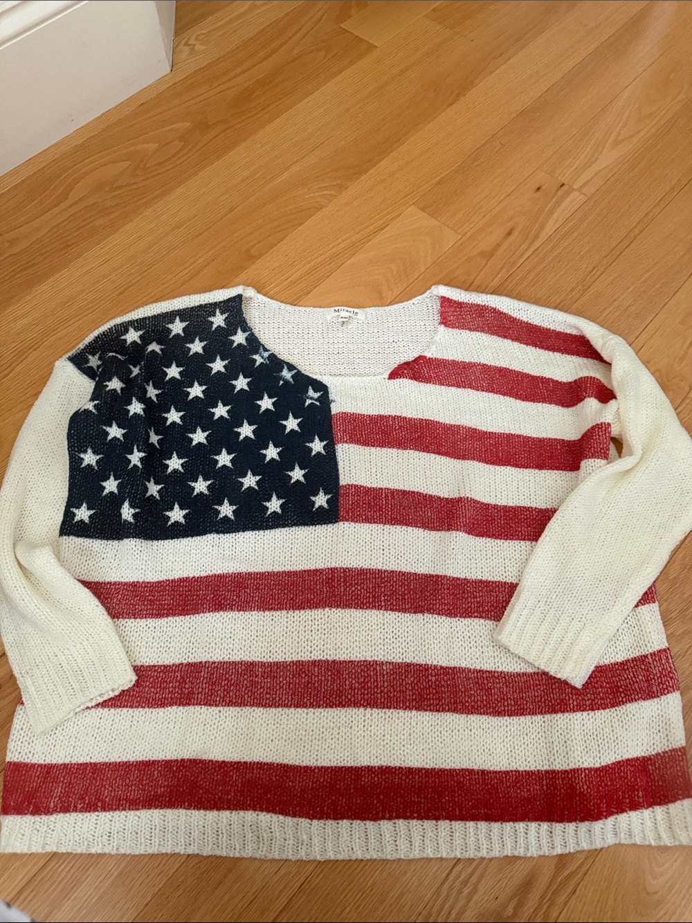 Miracle Americana Flag Crewneck Sweater in White, Red & Navy